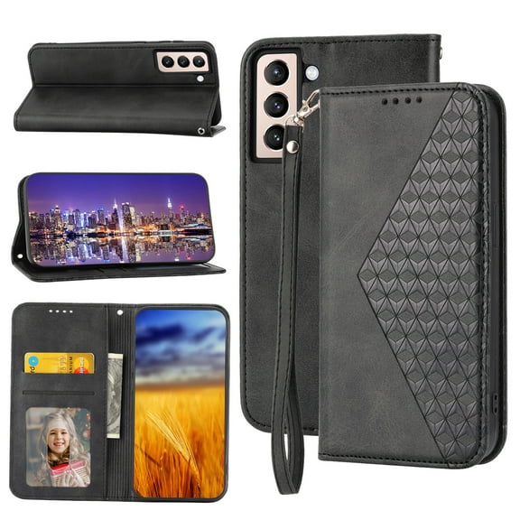 Case for Samsung Galaxy S21 FE, Magnetic Matte Premium PU Leather Stand Flip Cover with Card Slots and Wallet, Shockproof and Full Body Protection Compatible with Galaxy S21 FE - Black
