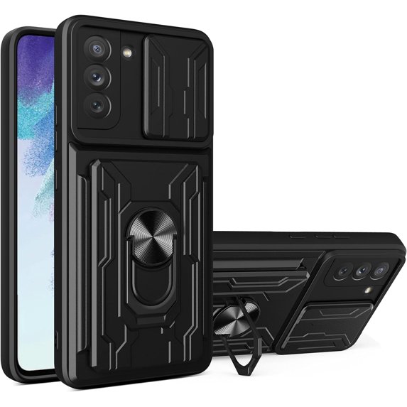 Case for Samsung Galaxy S21 FE (Not S21) with Card Holder, Heavy Duty Protection Phone Case with Magnetic Ring Kickstand Slide Camera Cover for Samsung Galaxy S21 FE Black