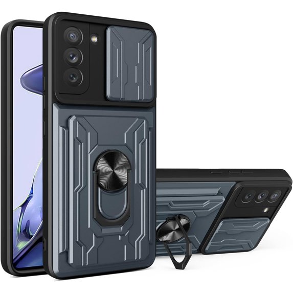 Case for Samsung Galaxy S21 FE (Not S21) with Card Holder, Heavy Duty Protection Phone Case with Magnetic Ring Kickstand Slide Camera Cover for Samsung Galaxy S21 FE Gray