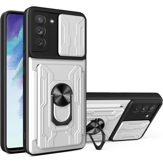 Case for Samsung Galaxy S21 FE (Not S21) with Card Holder, Heavy Duty Protection Phone Case with Magnetic Ring Kickstand Slide Camera Cover for Samsung Galaxy S21 FE Silver