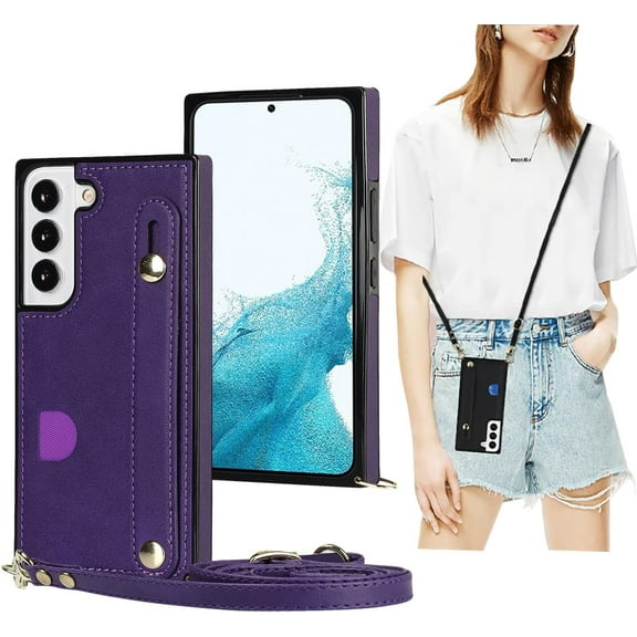 Case for Samsung Galaxy S21 FE (Not S21) with Card Slot Holder, Removable Adjustable Shoulder Strap Lanyard Crossbody Neck Purse Phone Case for Samsung Galaxy S21 FE KB Purple