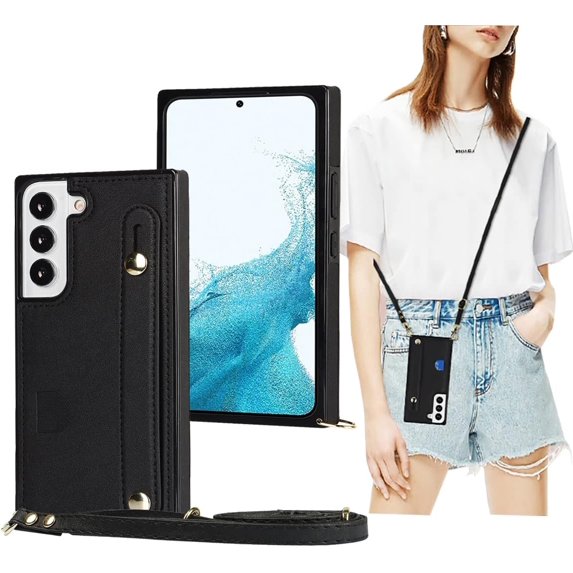 Case for Samsung Galaxy S21 FE (Not S21) with Card Slot Holder, Removable Adjustable Shoulder Strap Lanyard Crossbody Neck Purse Phone Case for Samsung Galaxy S21 FE KB Black