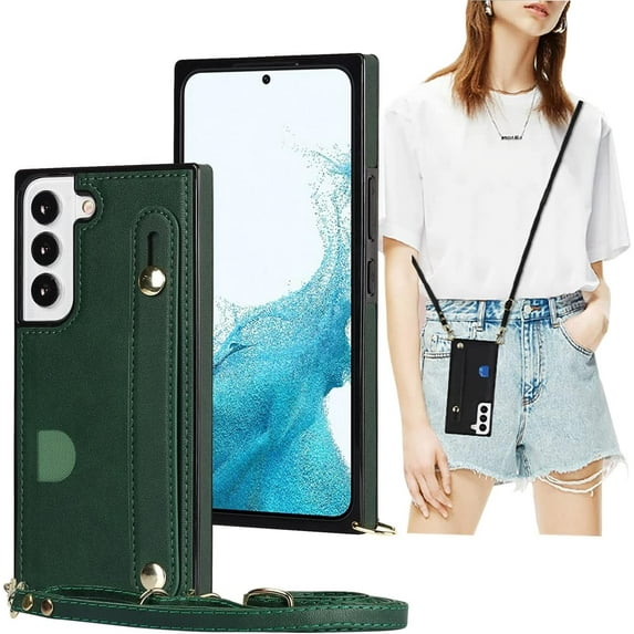 Case for Samsung Galaxy S21 FE (Not S21) with Card Slot Holder, Removable Adjustable Shoulder Strap Lanyard Crossbody Neck Purse Phone Case for Samsung Galaxy S21 FE KB Green