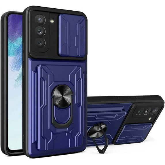 Case for Samsung Galaxy S21 Plus with Card Holder, Heavy Duty Protection Phone Case with Magnetic Ring Kickstand Slide Camera Cover for Samsung Galaxy S21 Plus LJK Blue