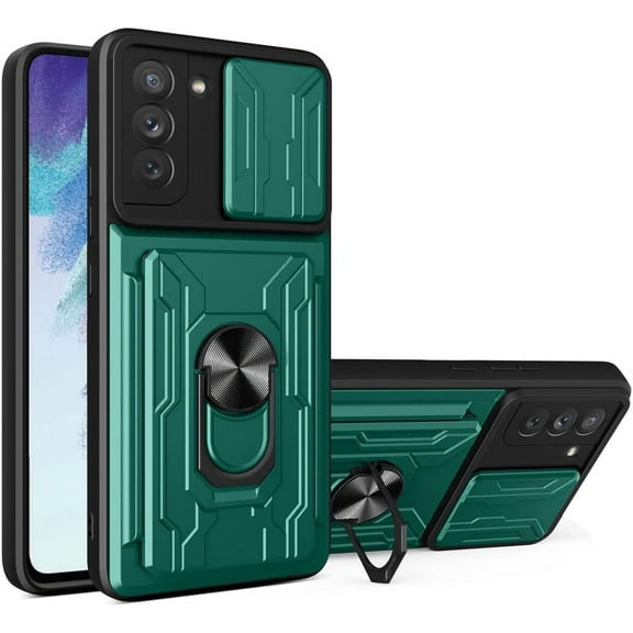Case for Samsung Galaxy S21 Plus with Card Holder, Heavy Duty Protection Phone Case with Magnetic Ring Kickstand Slide Camera Cover for Samsung Galaxy S21 Plus LJK Green