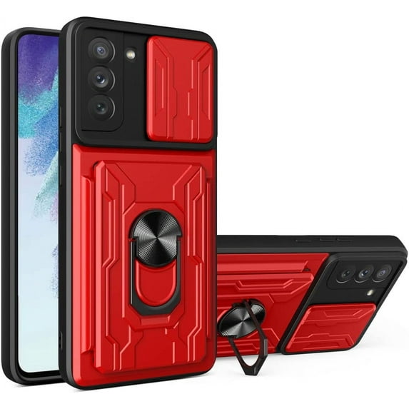Case for Samsung Galaxy S21 Plus with Card Holder, Heavy Duty Protection Phone Case with Magnetic Ring Kickstand Slide Camera Cover for Samsung Galaxy S21 Plus LJK Red
