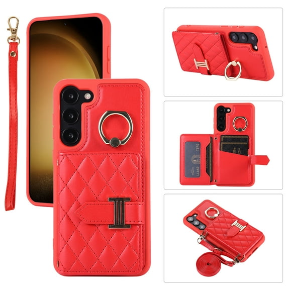 Case for Samsung Galaxy S21 Plus, Detachable Crossbody Strap & Lanyard Wallet Case with Card Slots, 360° Stand Ring Kickstand Flip PU Leather Protective Cover for Samsung Galaxy S21 Plus, Red