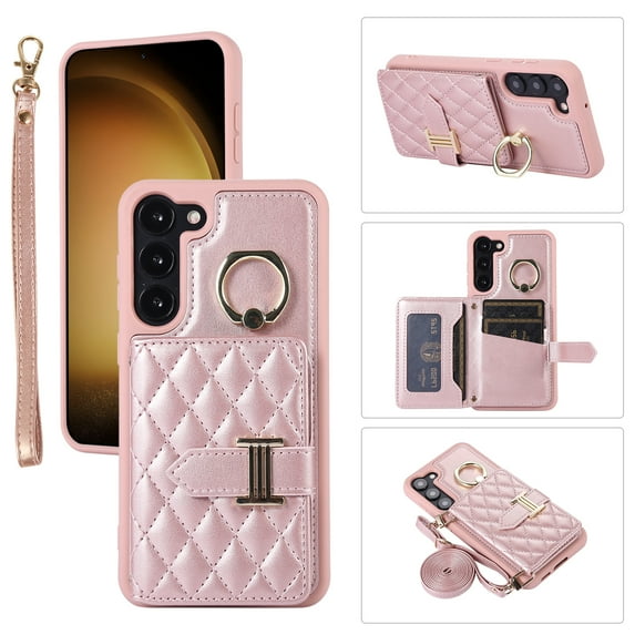 Case for Samsung Galaxy S21 Plus, Detachable Crossbody Strap & Lanyard Wallet Case with Card Slots, 360° Stand Ring Kickstand Flip PU Leather Protective Cover for Samsung Galaxy S21 Plus, Rosegold