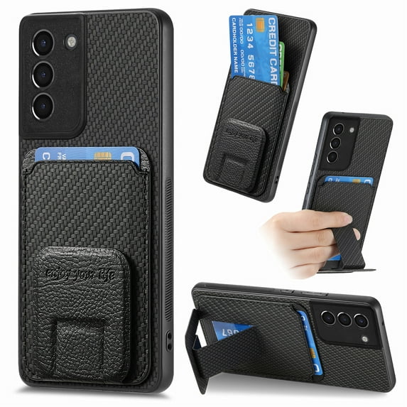 Case for Samsung Galaxy S21 Plus with Kickstand, Carbon Fiber Texture Wallet Case with Card Holder for Samsung Galaxy S21 Plus Magnetic Car Mount Shockproof Military Grade Protection Cover, Black
