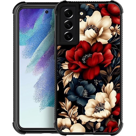 Case for Samsung Galaxy S21 | Shockproof 4 Corner Air Cushion, Soft TPU Bumper with Anti-Slip Grip & Stylish Pattern for Men Boys & Woman Girls | Black Red Flowers