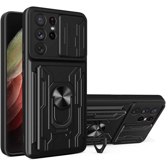 Case for Samsung Galaxy S21 Ultra 5G with Card Holder, Heavy Duty Protection Phone Case with Magnetic Ring Kickstand Slide Camera Cover for Samsung Galaxy S21 Ultra 5G LJK Black