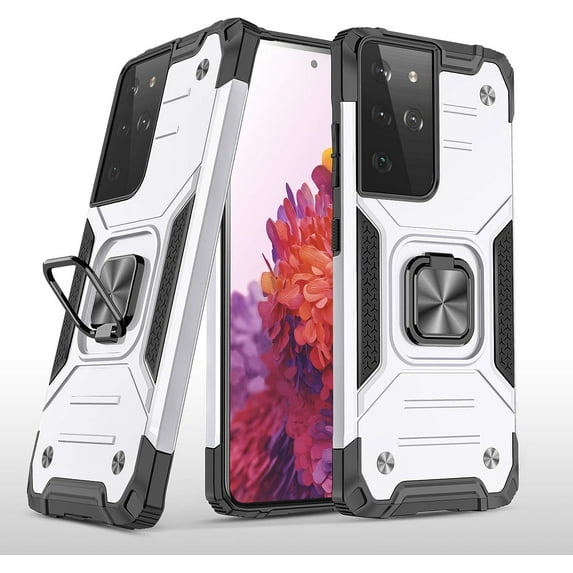 Case for Samsung Galaxy S21 Ultra 5G, Military Grade Armor Ring Holder Case Ultra Slim Shockproof TPU Bumper Hard PC Case Rotatable Ring Kickstand Cover for Galaxy S21 Ultra 5G - Silver