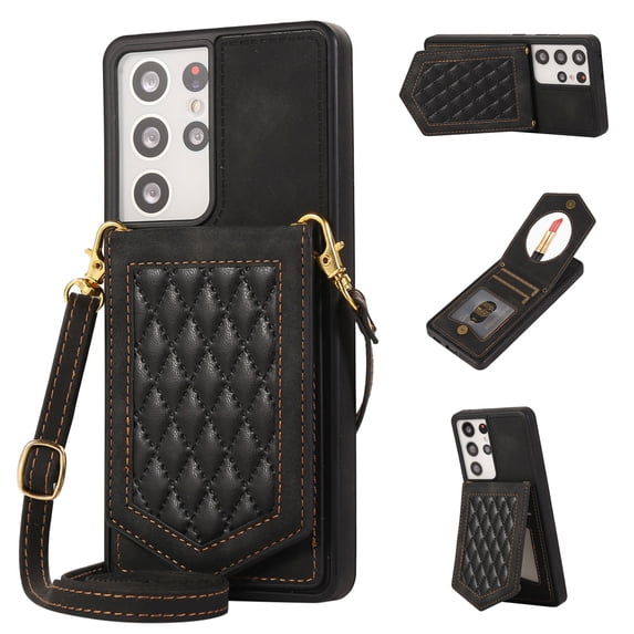 Case for Samsung Galaxy S21 Ultra 6.8" 5G 2021, Allytech Detachable Crossbody Strap Flip PU Leather Magnetic Button RFID Blocking Purse Wallet Stand Case for Samsung S21 Ultra 5G, Black