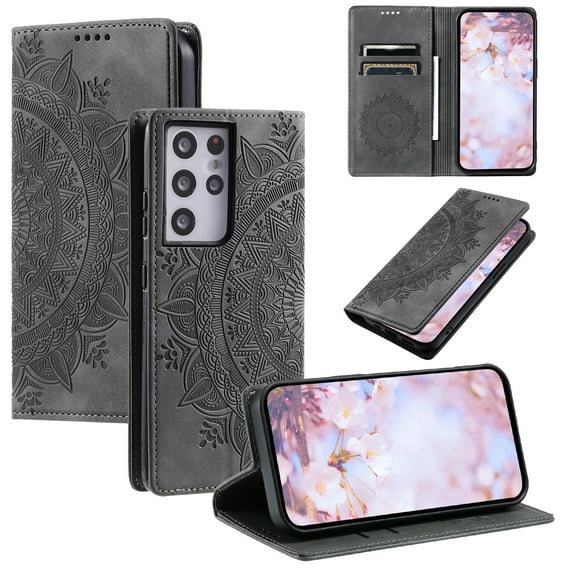 Case for Samsung Galaxy S21 Ultra Wallet Case for Women Girls with Card Holder, Embossed Flower Pattern Magnetic Flip PU Leather Purse Protective Phone Cover for Samsung Galaxy S21 Ultra, Grey