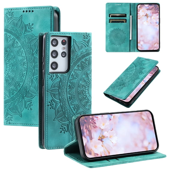 Case for Samsung Galaxy S21 Ultra Wallet Case for Women Girls with Card Holder, Embossed Flower Pattern Magnetic Flip PU Leather Purse Protective Phone Cover for Samsung Galaxy S21 Ultra, Green