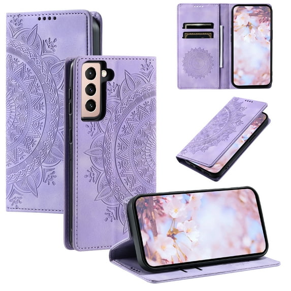 Case for Samsung Galaxy S21 Wallet Case for Women Girls with Card Holder, Embossed Flower Pattern Magnetic Flip PU Leather Purse Protective Phone Cover for Samsung Galaxy S21, Purple