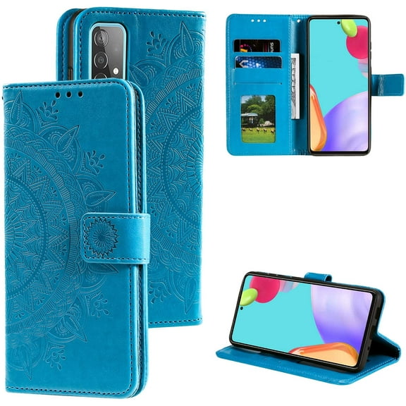 Case for Samsung Galaxy S22 5G, Premium Leather Flip Wallet Case with Card Slots Holder Kickstand Hand Strap Mandala Half Flower Design Embossed Shockproof Cover Case - Blue