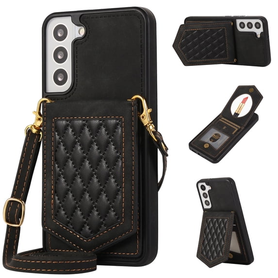 Case for Samsung Galaxy S22 6.1" 2022, Allytech Detachable Crossbody Strap Flip PU Leather Magnetic Button RFID Blocking Purse Wallet Stand Case for Samsung S22, Black