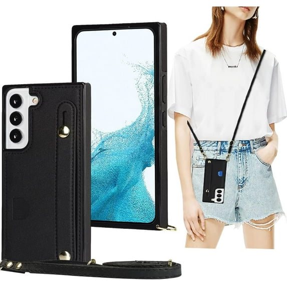 Case for Samsung Galaxy S22 with Card Slot Holder, Removable Adjustable Shoulder Strap Lanyard Crossbody Neck Purse Phone Case for Samsung Galaxy S22 KB Black