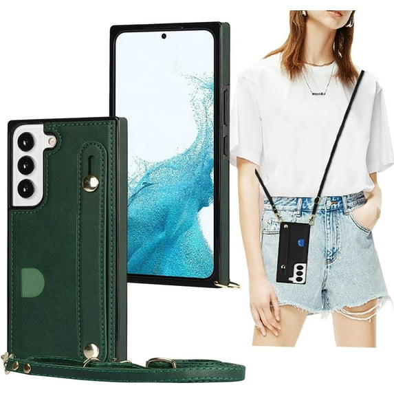 Case for Samsung Galaxy S22 with Card Slot Holder, Removable Adjustable Shoulder Strap Lanyard Crossbody Neck Purse Phone Case for Samsung Galaxy S22 KB Green