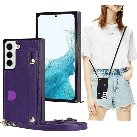 Case for Samsung Galaxy S22 with Card Slot Holder, Removable Adjustable Shoulder Strap Lanyard Crossbody Neck Purse Phone Case for Samsung Galaxy S22 KB Purple