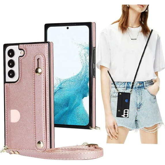 Case for Samsung Galaxy S22 with Card Slot Holder, Removable Adjustable Shoulder Strap Lanyard Crossbody Neck Purse Phone Case for Samsung Galaxy S22 KB Rose
