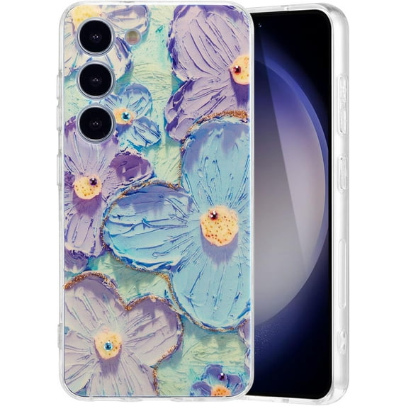 Case for Samsung Galaxy S22, Colorful Retro Oil Painting Flower Laser Glossy Design Cute Exquisite Floral Blossom Phone Cover Stylish Durable TPU Protective Case for Girls Women -Purple Flower