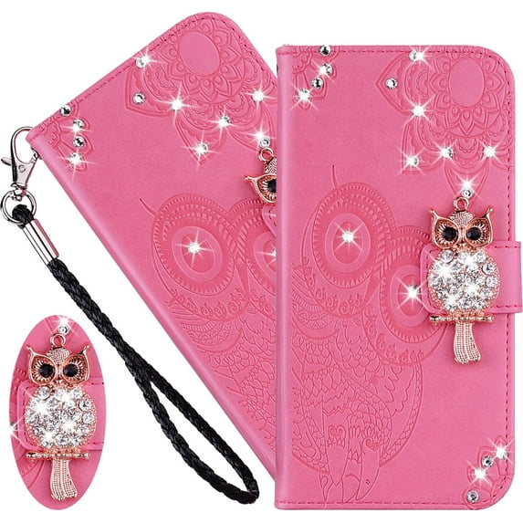 Case for Samsung Galaxy S22 with Credit Cards Pocket, Glitter Bling Diamond PU Leather Wallet Phone Case with Wsrist String Flip Cover for Samsung Galaxy S22 Owl Pink