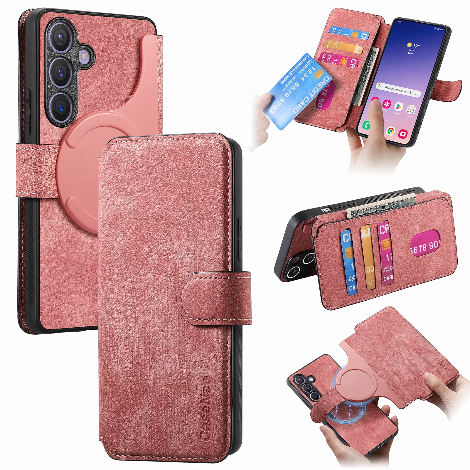 Case for Samsung Galaxy S22 Detachable Magnetic Wallet Phone Case for Men Women, RFID Blocking Material Retro Folio Flip Leather Case with 3 Card Slots for Samsung Galaxy S22, Pink