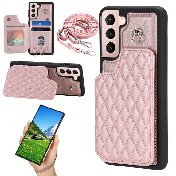Case for Samsung Galaxy S22 Plus, Detachable Crossbody Strap Wallet Case with Card Slots, Stand Ring Flip PU Leather Protective Cover Lanyard for Women for Samsung Galaxy S22 Plus, Rosegold