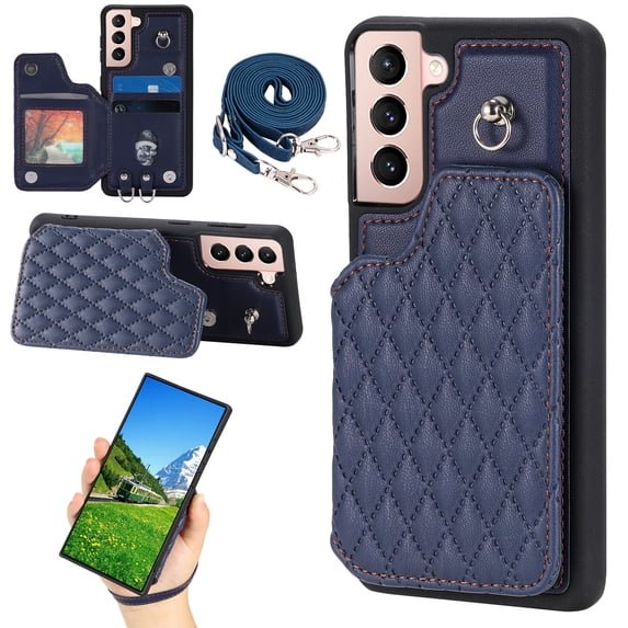 Case for Samsung Galaxy S22 Plus, Detachable Crossbody Strap Wallet Case with Card Slots, Stand Ring Flip PU Leather Protective Cover Lanyard for Women for Samsung Galaxy S22 Plus, Darkblue