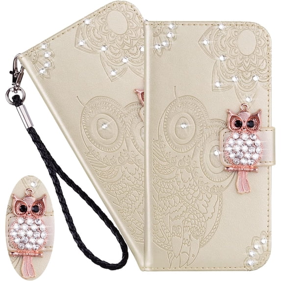 Case for Samsung Galaxy S22 Plus (Not S22) with Credit Cards Pocket, Glitter Bling Diamond PU Leather Wallet Phone Case with Wsrist String Flip Cover for Samsung Galaxy S22 Plus Owl Gold