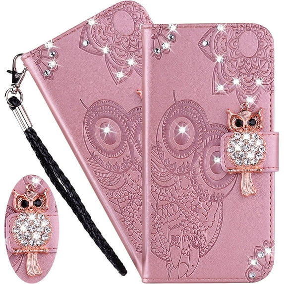 Case for Samsung Galaxy S22 Plus (Not S22) with Credit Cards Pocket, Glitter Bling Diamond PU Leather Wallet Phone Case with Wsrist String Flip Cover for Samsung Galaxy S22 Plus Owl Rose Gold