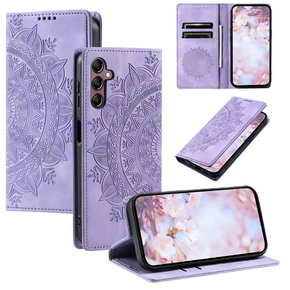 Case for Samsung Galaxy S22 Plus Wallet Case for Women Girls with Card Holder, Embossed Flower Pattern Magnetic Flip PU Leather Purse Protective Phone Cover for Samsung Galaxy S22 Plus, Purple