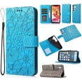 thumbnail image 1 of Case for Samsung Galaxy S22, Premium Leather Magnetic Closure Slim Flip Wallet Phone Case with Card Holder Cash Slot Stand Function Embossed Flower Shockproof Lanyard Cover - Blue, 1 of 7