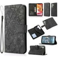 thumbnail image 1 of Case for Samsung Galaxy S22, Premium Leather Magnetic Closure Slim Flip Wallet Phone Case with Card Holder Cash Slot Stand Function Embossed Flower Shockproof Lanyard Cover - Black, 1 of 7