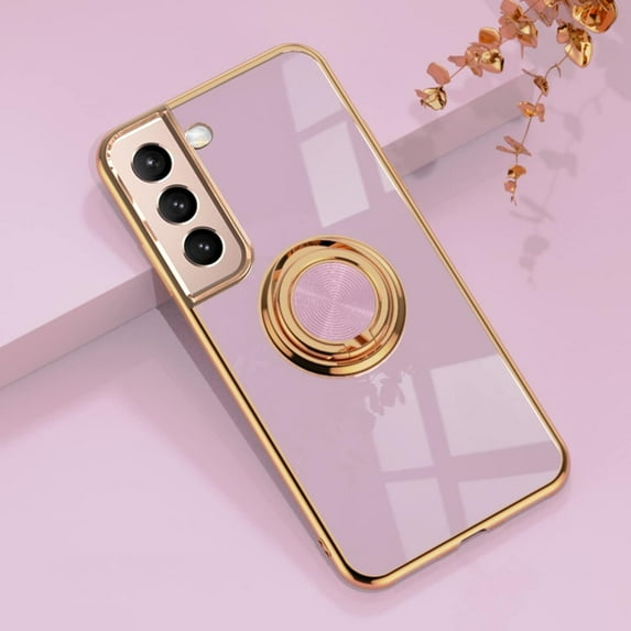 Case for Samsung Galaxy S22 Ring Holder Case Shiny Plating Rose Gold Edge with 360 Degree Rotation Kickstand for Women Girls Slim Soft TPU Protective Cover Case for Galaxy S22 6.1", Purple
