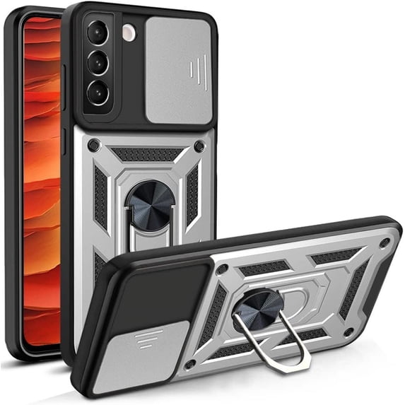 Case for Samsung Galaxy S22 with Slide Camera Cover,Military Grade Heavy Duty Protection Phone Case Cover with Magnetic Ring Kickstand for Samsung Galaxy S22 Silver