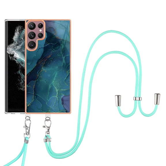 Case for Samsung Galaxy S22 Ultra, Adjustable Detachable Crossbody Strap Neck Strap Silicone Bumper Marble Painted TPU Ultra Thin Shockproof Protective Phone Case Cover for Galaxy S22 Ultra, Green