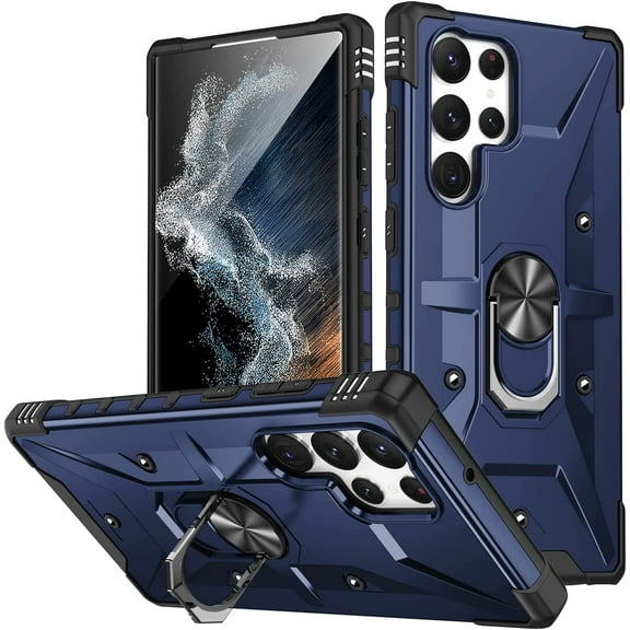 Case for Samsung Galaxy S22 Ultra Case Military Grade Drop Case with Kickstand Metel Ring Magnetic Holder Shockproof Protective for Galaxy S22 Ultra Phone Case (Blue)