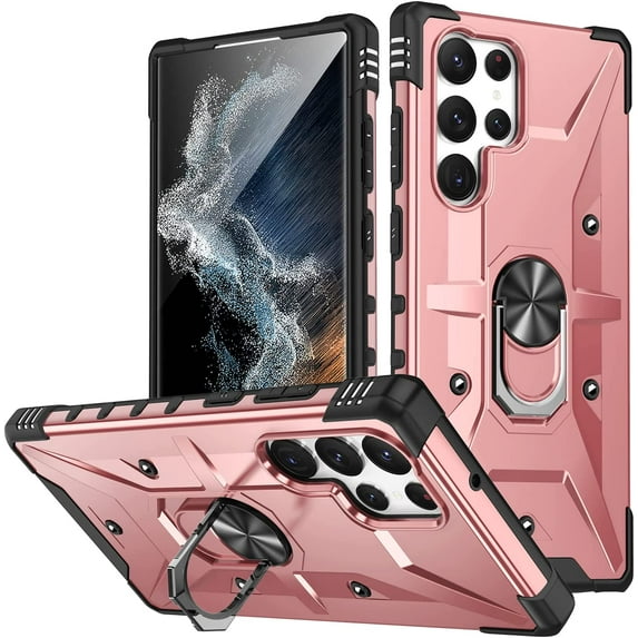 Case for Samsung Galaxy S22 Ultra Case Military Grade Drop Case with Kickstand Metel Ring Magnetic Holder Shockproof Protective for Galaxy S22 Ultra Phone Case (Rose Gold)
