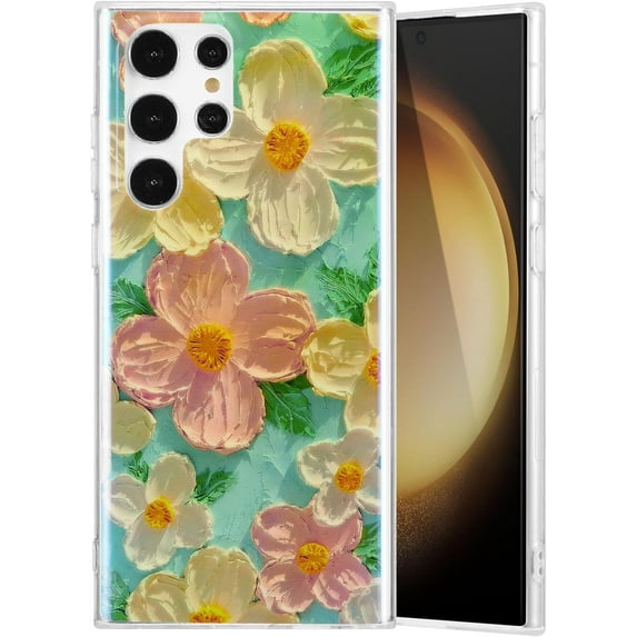 Case for Samsung Galaxy S22 Ultra, Colorful Retro Oil Painting Print Flowers Laser Glossy Cute Exquisite Floral Blossom Phone Cover Stylish Durable TPU Protective Case for Girls Women - Green