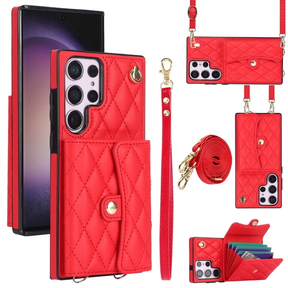 Case for Samsung Galaxy S22 Ultra, Crossbody Wristlet Case Wallet with RFID Blocking Card Slots KickStand Flip Folio PU Leather Magnetic Protective Cover Women for Samsung Galaxy S22 Ultra, Red