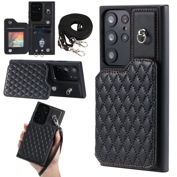 Case for Samsung Galaxy S22 Ultra, Detachable Crossbody Strap Wallet Case with Card Slots, Stand Ring Flip PU Leather Protective Cover Lanyard for Women for Samsung Galaxy S22 Ultra, Black