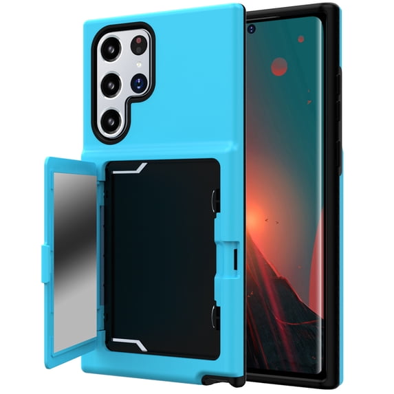 Case for Samsung Galaxy S22 Ultra with Hidden Makeup Mirror Card Slot Design Cover, Hybrid PC+TPU Shockproof Non-Slip Lens Protection Wallet Case for Samsung Galaxy S22 Ultra,Skyblue