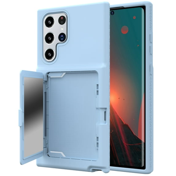 Case for Samsung Galaxy S22 Ultra with Hidden Makeup Mirror Card Slot Design Cover, Hybrid PC+TPU Shockproof Non-Slip Lens Protection Wallet Case for Samsung Galaxy S22 Ultra,Blue