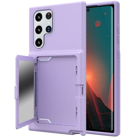 Case for Samsung Galaxy S22 Ultra with Hidden Makeup Mirror Card Slot Design Cover, Hybrid PC+TPU Shockproof Non-Slip Lens Protection Wallet Case for Samsung Galaxy S22 Ultra,Lightpurple