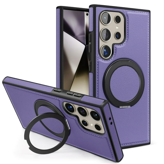 Case for Samsung Galaxy S22 Ultra with Kickstand, Compatible with Mag-Safe, Luxury Classic PU Leather Magnetic Ring Holder Stand Shockproof Protection Phone Cover for Galaxy S22 Ultra, Purple