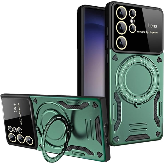 Case for Samsung Galaxy S22 Ultra with Magnetic Attraction 360° Ring Stand Cover for Samsung Galaxy S22 Ultra with Screen Camera Protector Hard PC TPU Case Green