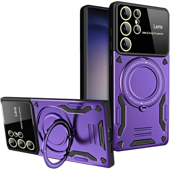 Case for Samsung Galaxy S22 Ultra with Magnetic Attraction 360° Ring Stand Cover for Samsung Galaxy S22 Ultra with Screen Camera Protector Hard PC TPU Case Purple